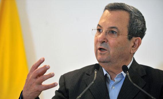 Israeli Defense Minister Ehud Barak gestures during a joint press conference at Catam military air base in Bogota, Colombia, on April 16, 2012.